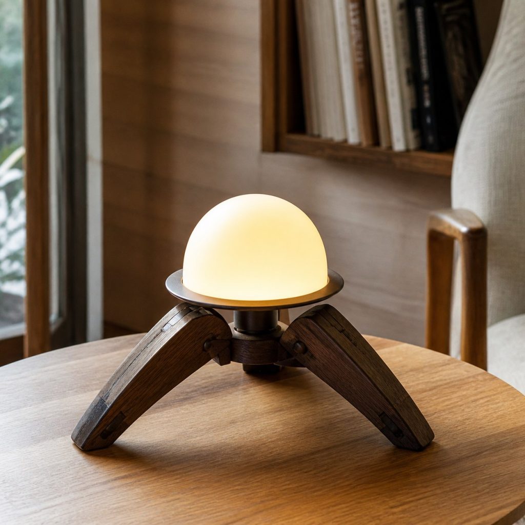 Dark-Oak Low Tripod Bedside Lamp shown as a square photorealistic original wooden tripod lamp with warm LED light, visible real wood grain, and physically plausible support