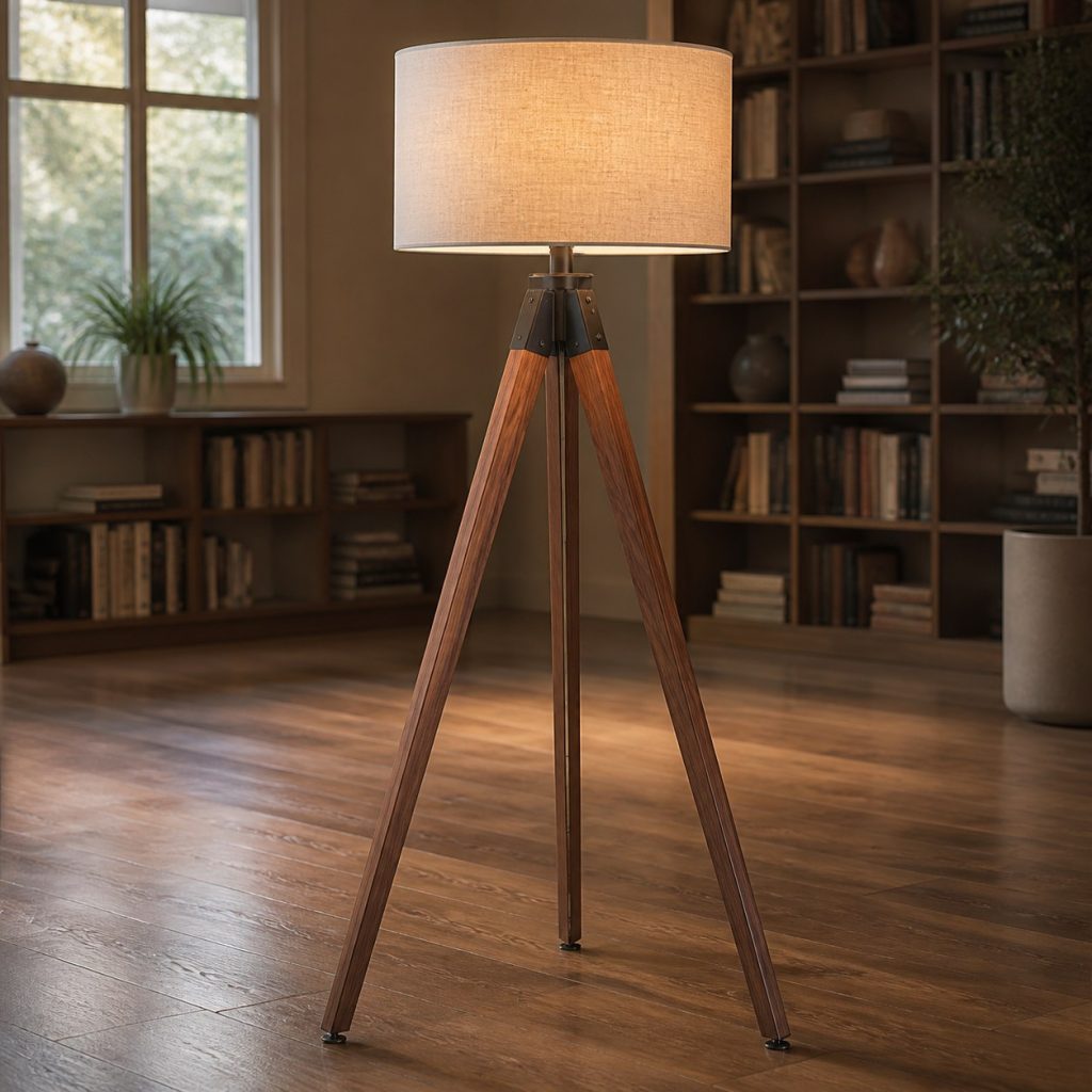 Tall Walnut Tripod Floor Lamp shown as a square photorealistic original wooden tripod lamp with warm LED light, visible real wood grain, and physically plausible support