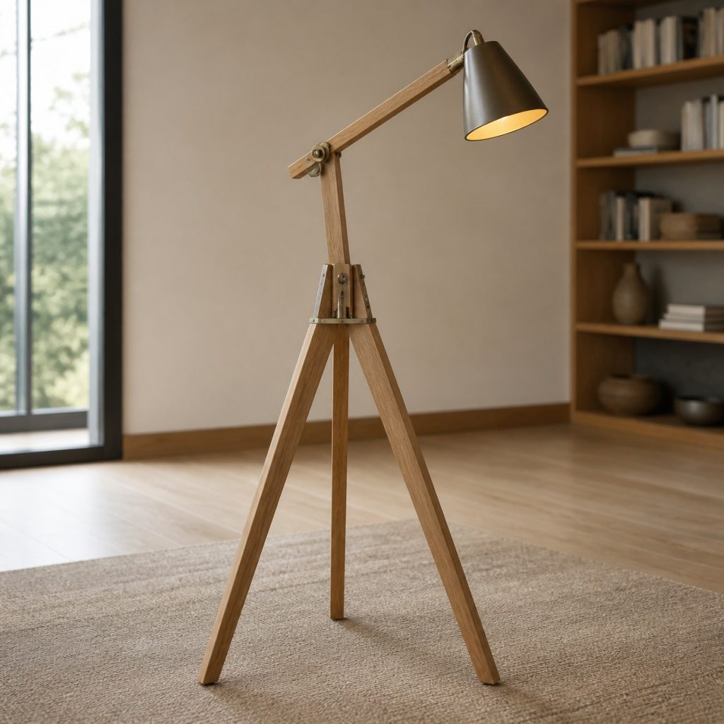 White-Oak Tripod Reading Lamp shown as a square photorealistic original wooden tripod lamp with warm LED light, visible real wood grain, and physically plausible support