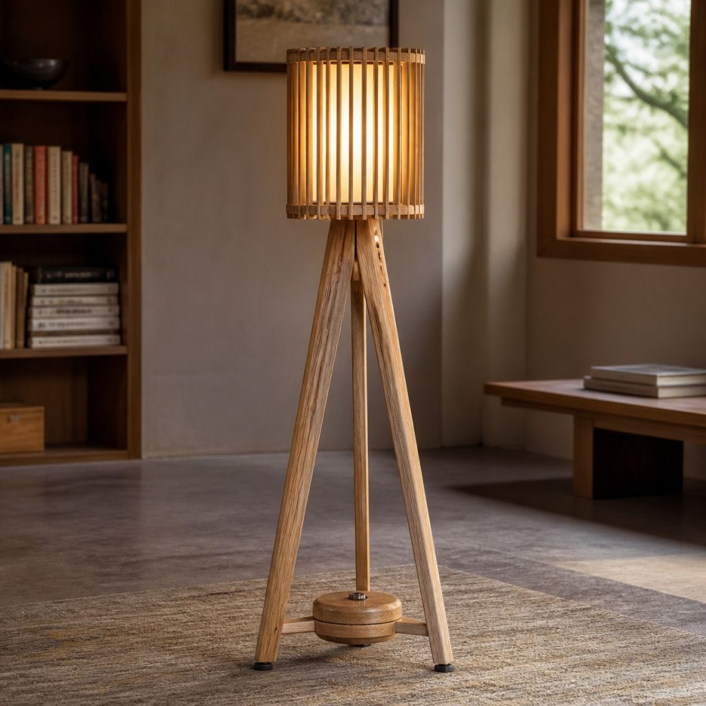 Ash Tripod Floor Lantern shown as a square photorealistic original wooden tripod lamp with warm LED light, visible real wood grain, and physically plausible support
