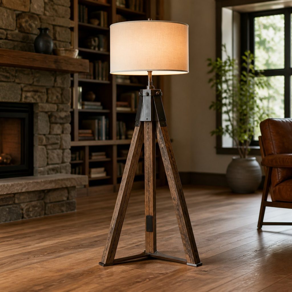 Reclaimed-Oak Tripod Floor Lamp shown as a square photorealistic original wooden tripod lamp with warm LED light, visible real wood grain, and physically plausible support