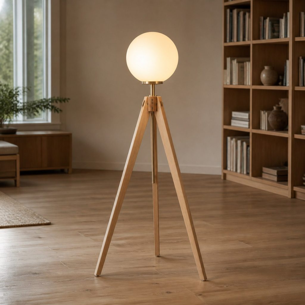 Scandinavian Beech Tripod Floor Lamp shown as a square photorealistic original wooden tripod lamp with warm LED light, visible real wood grain, and physically plausible support