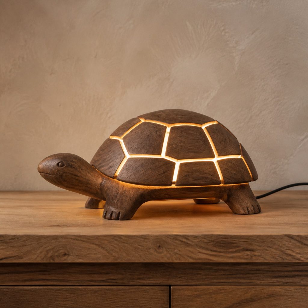 Segmented-Shell Turtle Lamp shown as an original square photorealistic wooden turtle lamp with authentic wood grain, recognizable animal form, and warm diffused light