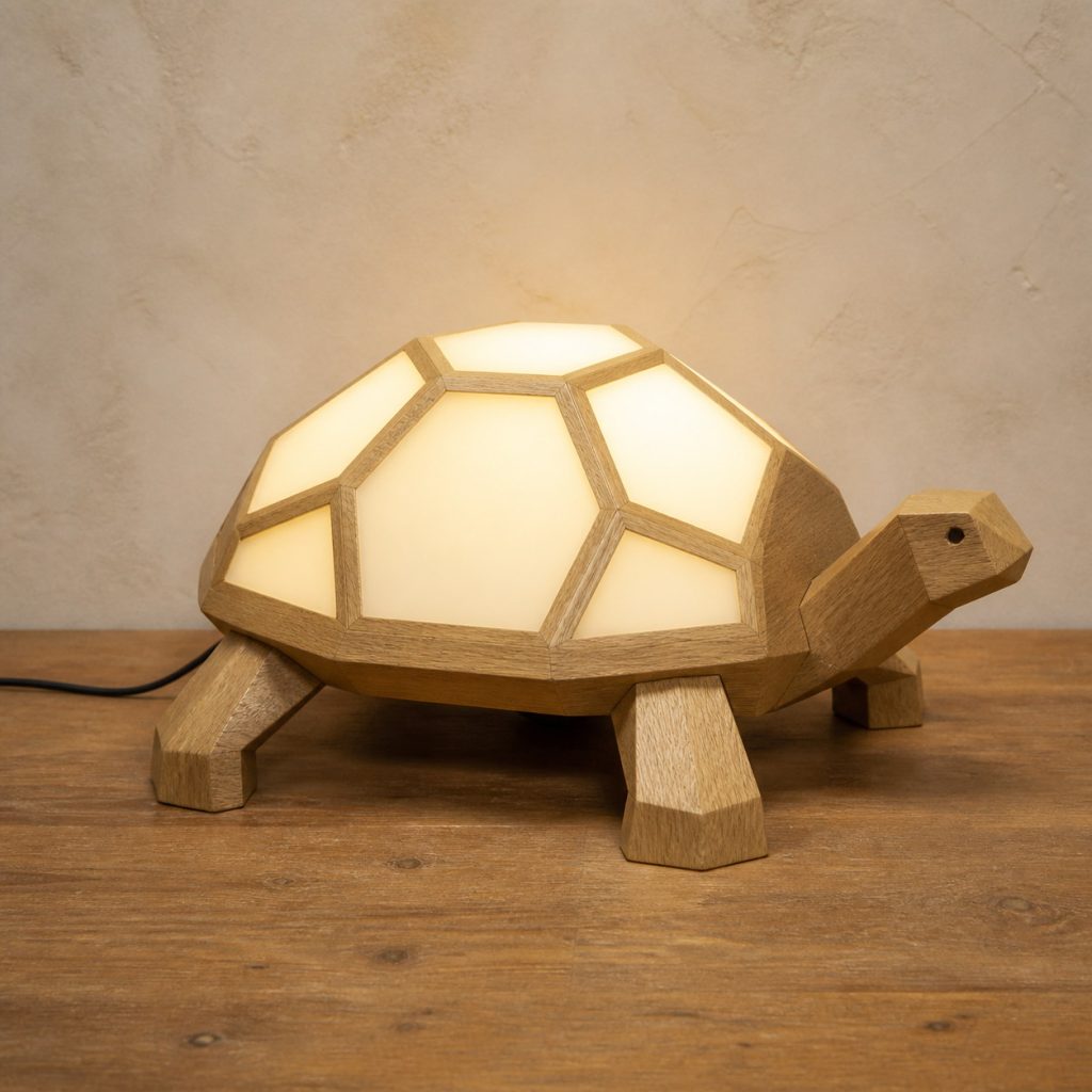 Faceted Turtle Glow Lamp shown as an original square photorealistic wooden turtle lamp with authentic wood grain, recognizable animal form, and warm diffused light