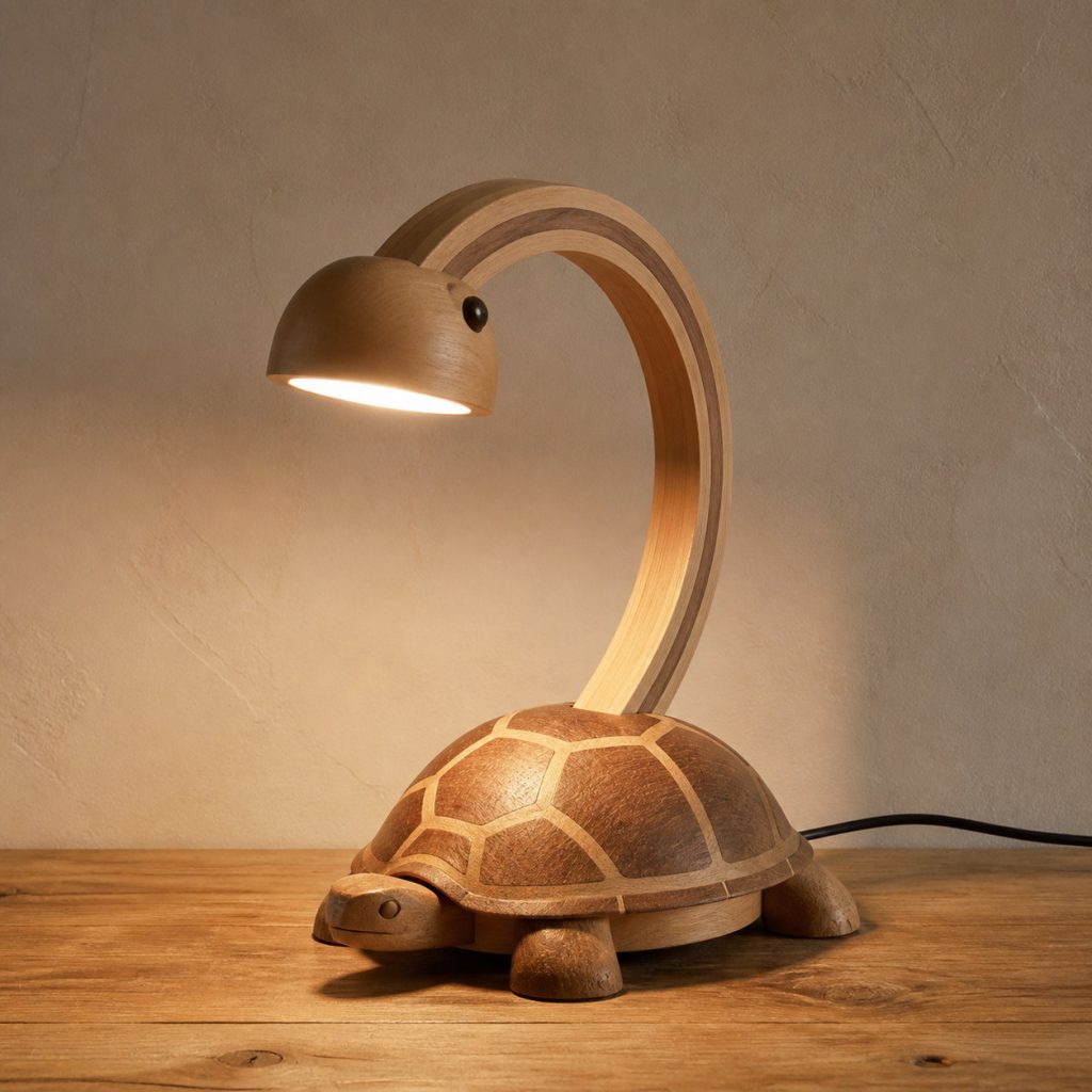 Turtle-Neck Desk Lamp shown as an original square photorealistic wooden turtle lamp with authentic wood grain, recognizable animal form, and warm diffused light