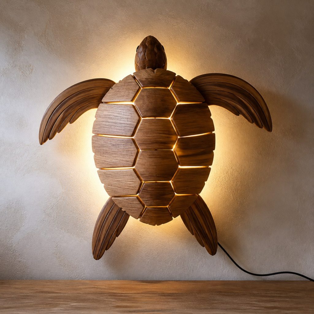 Swimming Turtle Wall Sconce shown as an original square photorealistic wooden turtle lamp with authentic wood grain, recognizable animal form, and warm diffused light