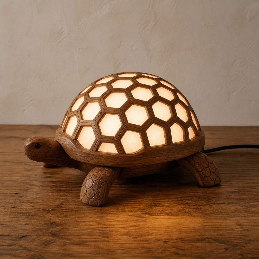Hexagonal Shell-Dome Lamp shown as an original square photorealistic wooden turtle lamp with authentic wood grain, recognizable animal form, and warm diffused light