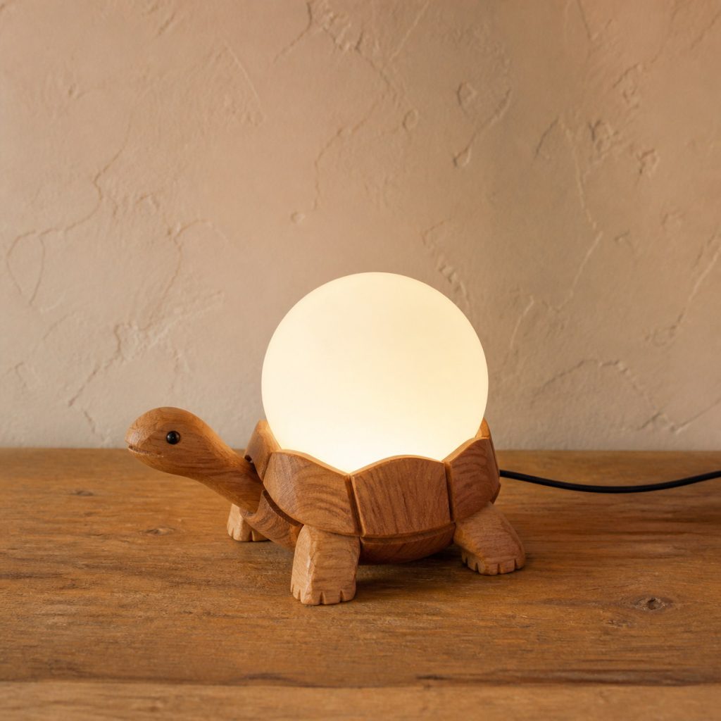 Baby Turtle Orb Lamp shown as an original square photorealistic wooden turtle lamp with authentic wood grain, recognizable animal form, and warm diffused light