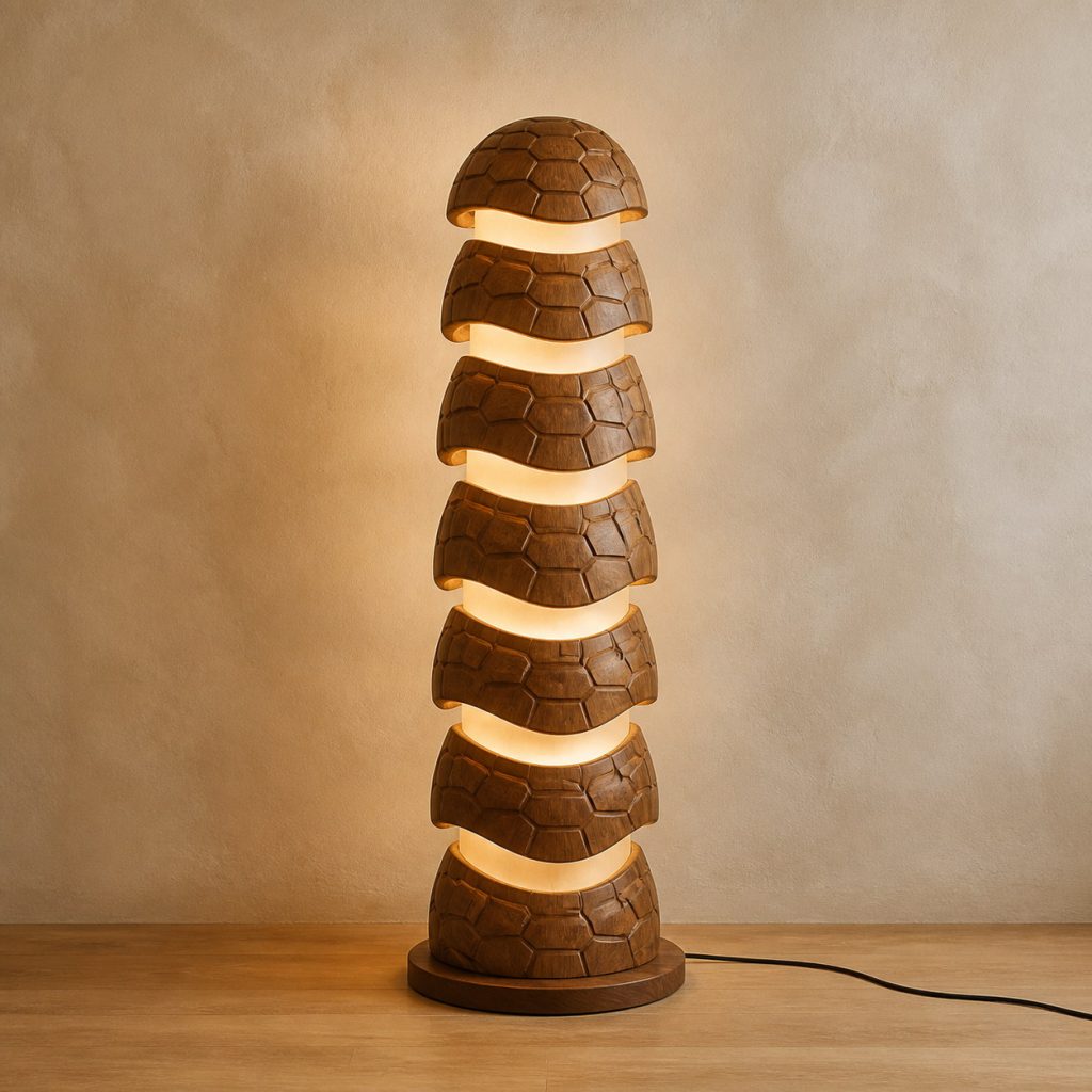 Stacked Shell Floor Lamp shown as an original square photorealistic wooden turtle lamp with authentic wood grain, recognizable animal form, and warm diffused light