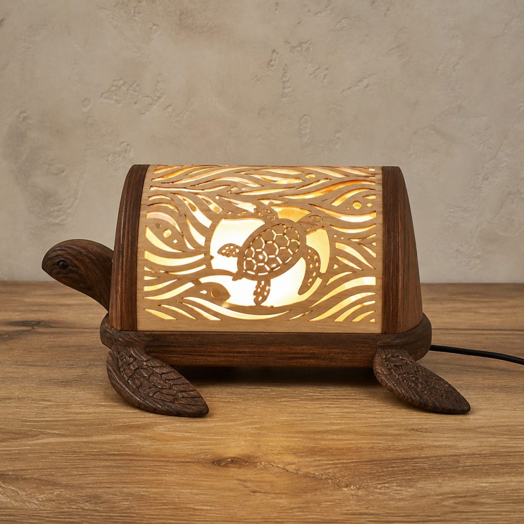 Sea Turtle Lantern shown as an original square photorealistic wooden turtle lamp with authentic wood grain, recognizable animal form, and warm diffused light