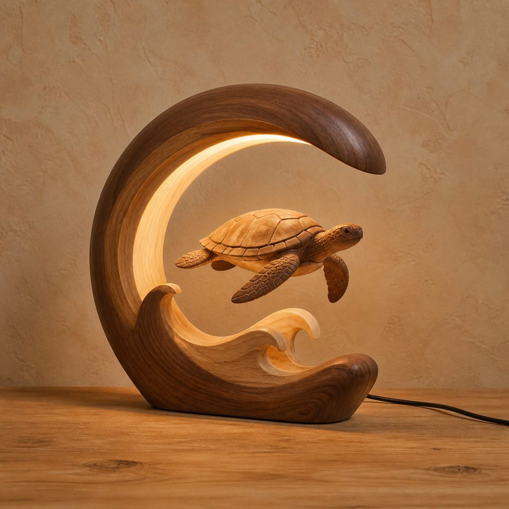 Turtle-and-Wave Crescent Lamp shown as an original square photorealistic wooden turtle lamp with authentic wood grain, recognizable animal form, and warm diffused light