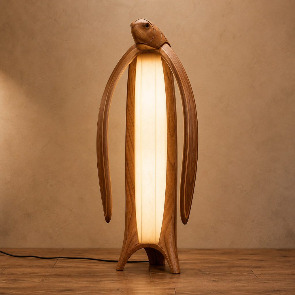 Flipper-Arch Turtle Floor Lamp shown as an original square photorealistic wooden turtle lamp with authentic wood grain, recognizable animal form, and warm diffused light