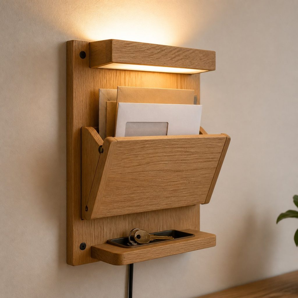 Oak Entryway Pocket Lamp shown as an original square photorealistic wooden wall pocket lamp with believable joinery, warm diffused light, and protected hardware