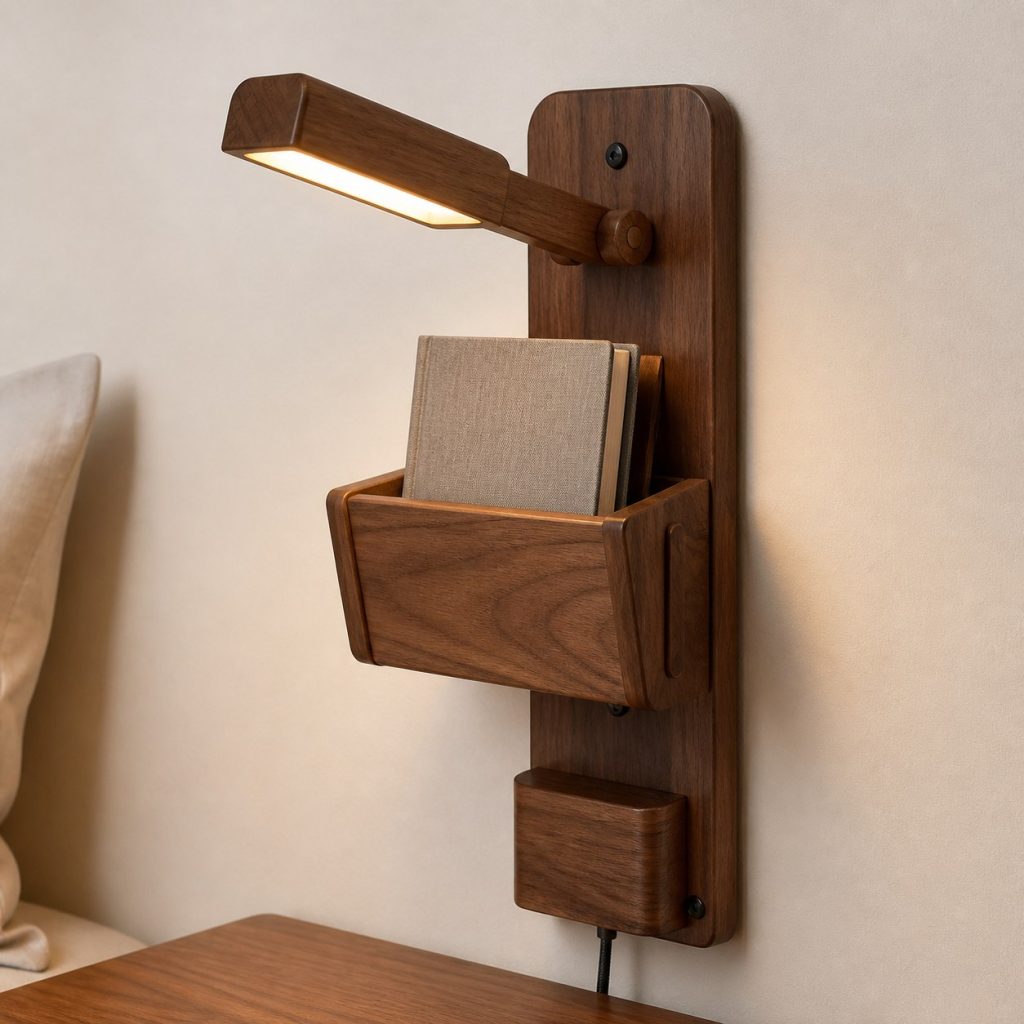 Walnut Bedside Pocket Lamp shown as an original square photorealistic wooden wall pocket lamp with believable joinery, warm diffused light, and protected hardware