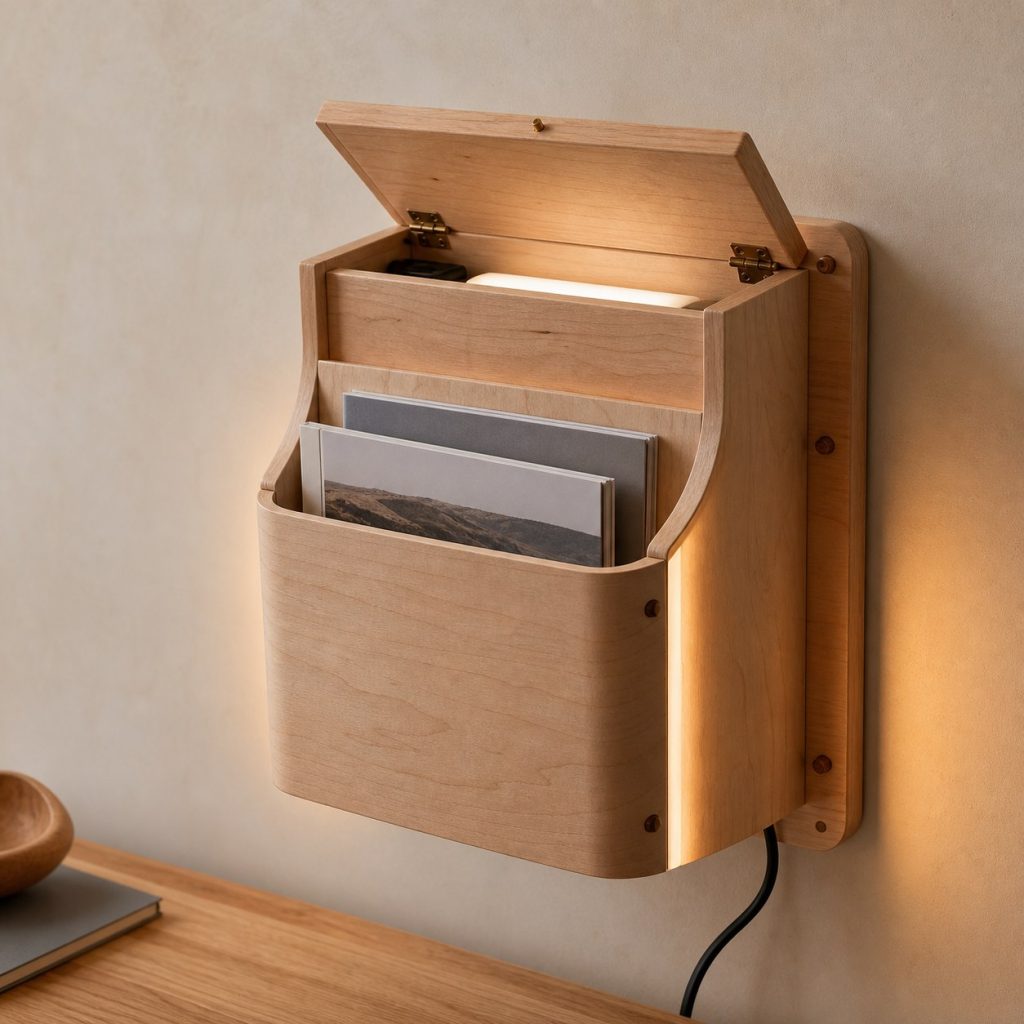 Maple Magazine-Pocket Sconce shown as an original square photorealistic wooden wall pocket lamp with believable joinery, warm diffused light, and protected hardware