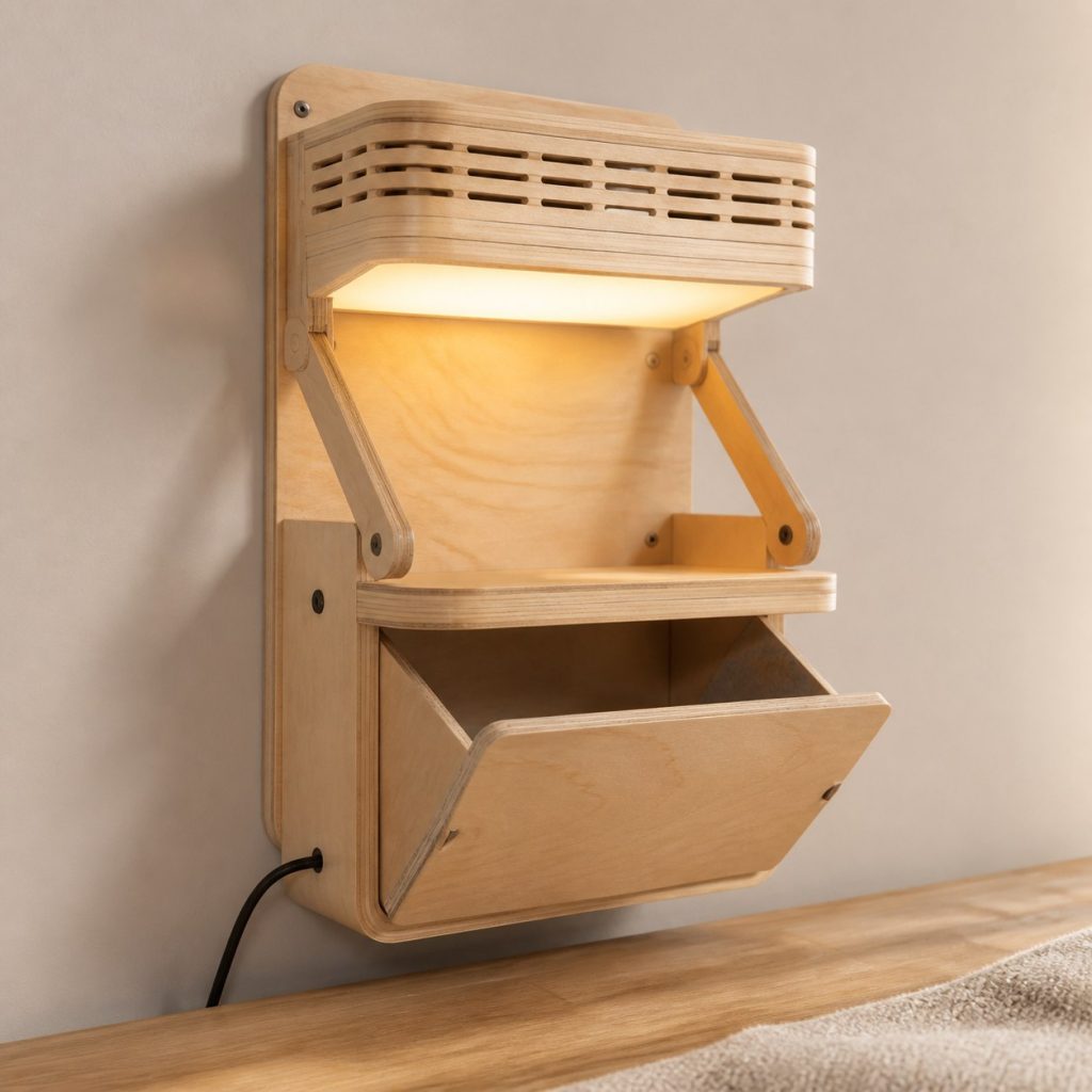 Plywood Charging-Pocket Lamp shown as an original square photorealistic wooden wall pocket lamp with believable joinery, warm diffused light, and protected hardware