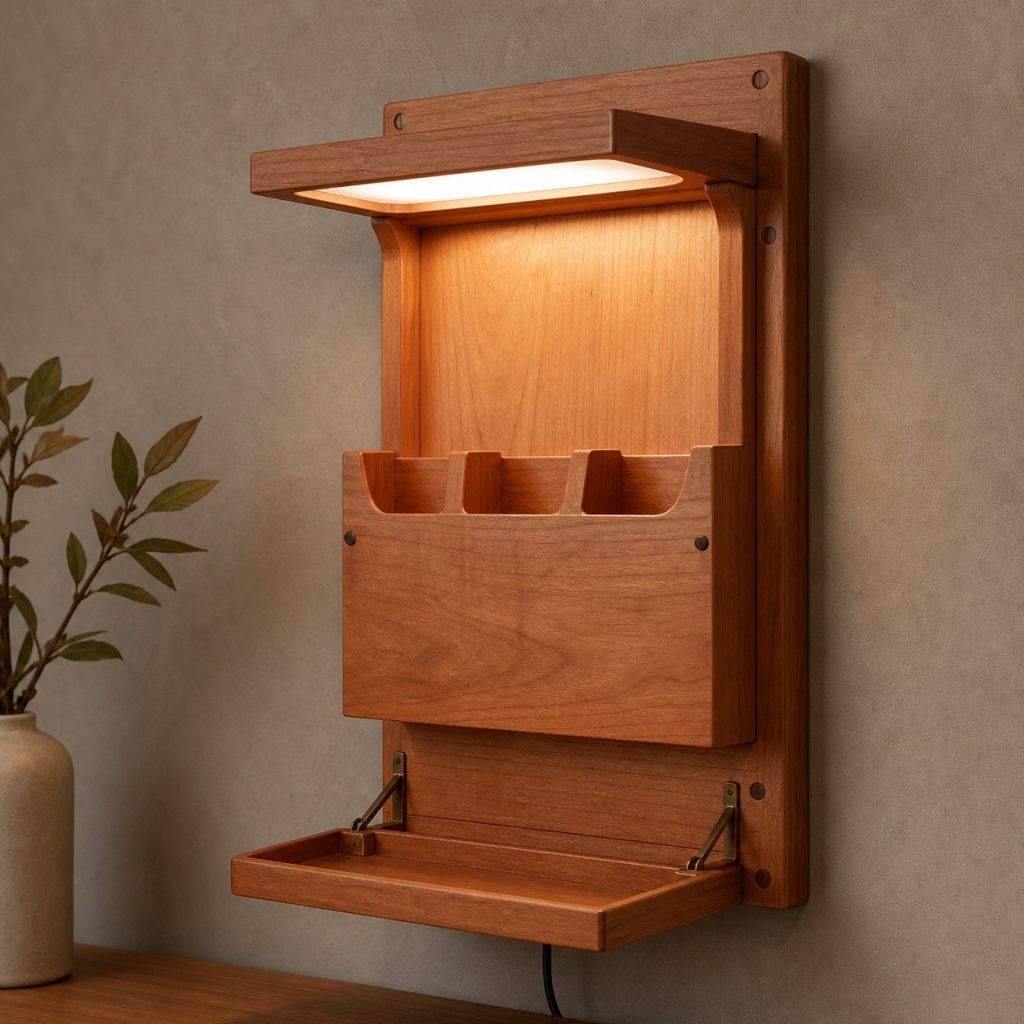Cherry Hallway Cubbies Lamp shown as an original square photorealistic wooden wall pocket lamp with believable joinery, warm diffused light, and protected hardware
