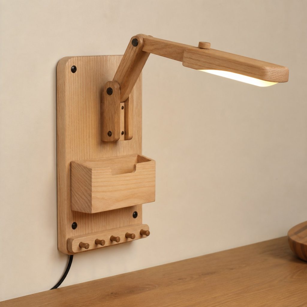 Ash Note-Pocket Task Lamp shown as an original square photorealistic wooden wall pocket lamp with believable joinery, warm diffused light, and protected hardware