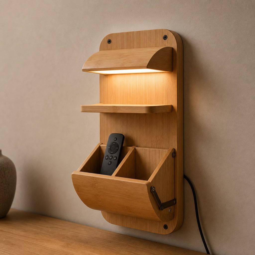Bamboo Remote Pocket Lamp shown as an original square photorealistic wooden wall pocket lamp with believable joinery, warm diffused light, and protected hardware