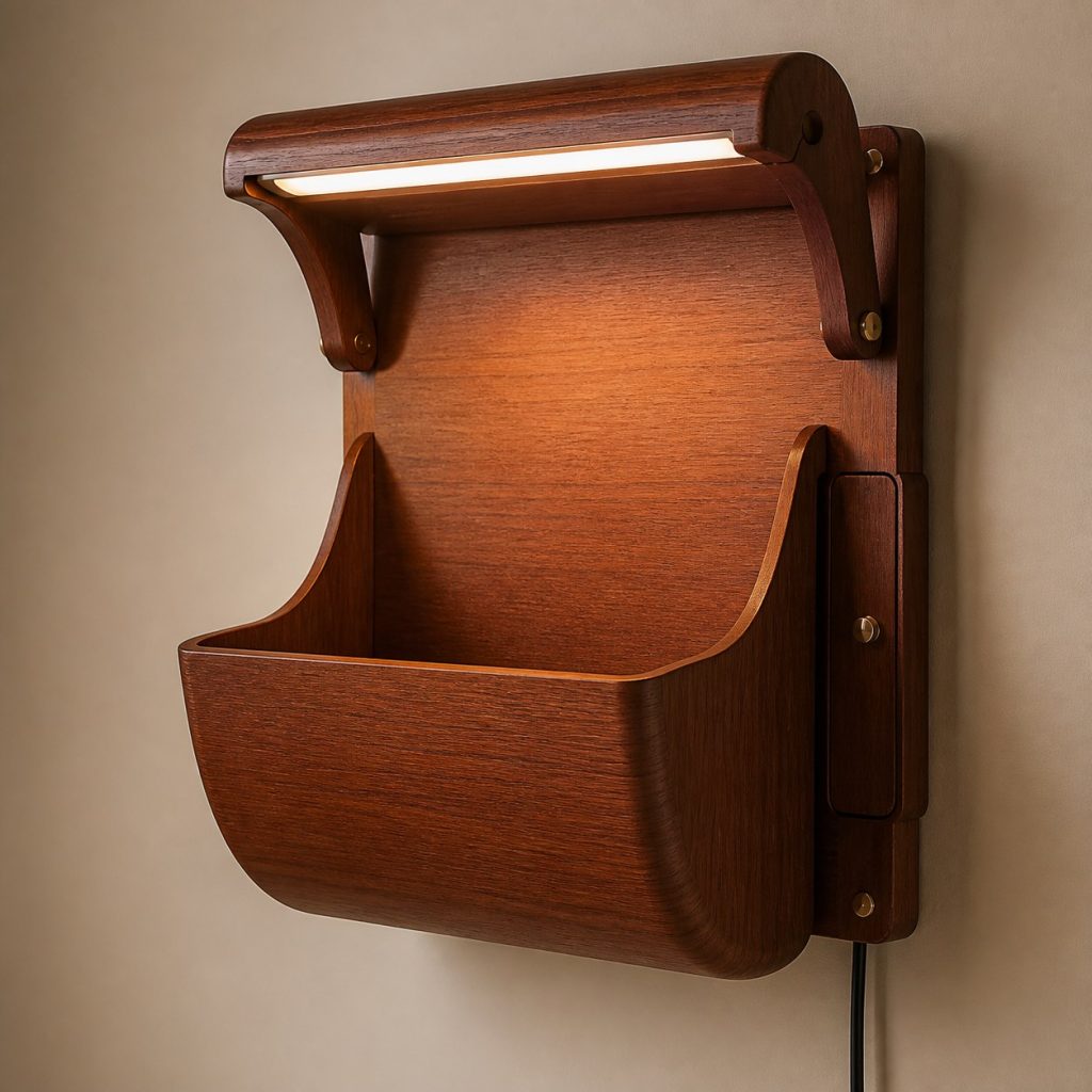 Sapele Library Pocket Lamp shown as an original square photorealistic wooden wall pocket lamp with believable joinery, warm diffused light, and protected hardware