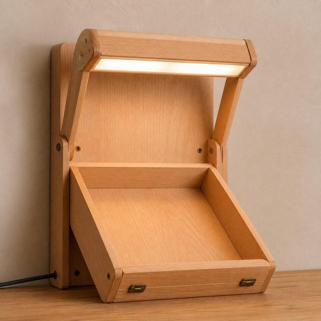 Beech Recipe-Pocket Lamp shown as an original square photorealistic wooden wall pocket lamp with believable joinery, warm diffused light, and protected hardware