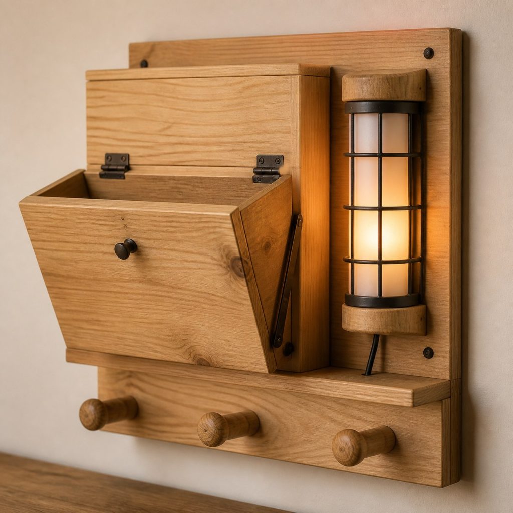 Pine Mudroom Pocket Lantern shown as an original square photorealistic wooden wall pocket lamp with believable joinery, warm diffused light, and protected hardware