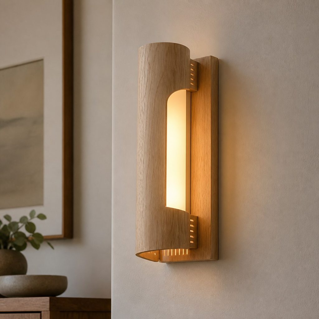Curved White-Oak Shield Sconce shown as a square photorealistic original wooden wall sconce with warm LED light and visible real wood grain