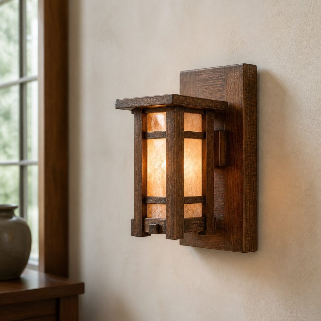 Mission Oak Wall Lantern shown as a square photorealistic original wooden wall sconce with warm LED light and visible real wood grain