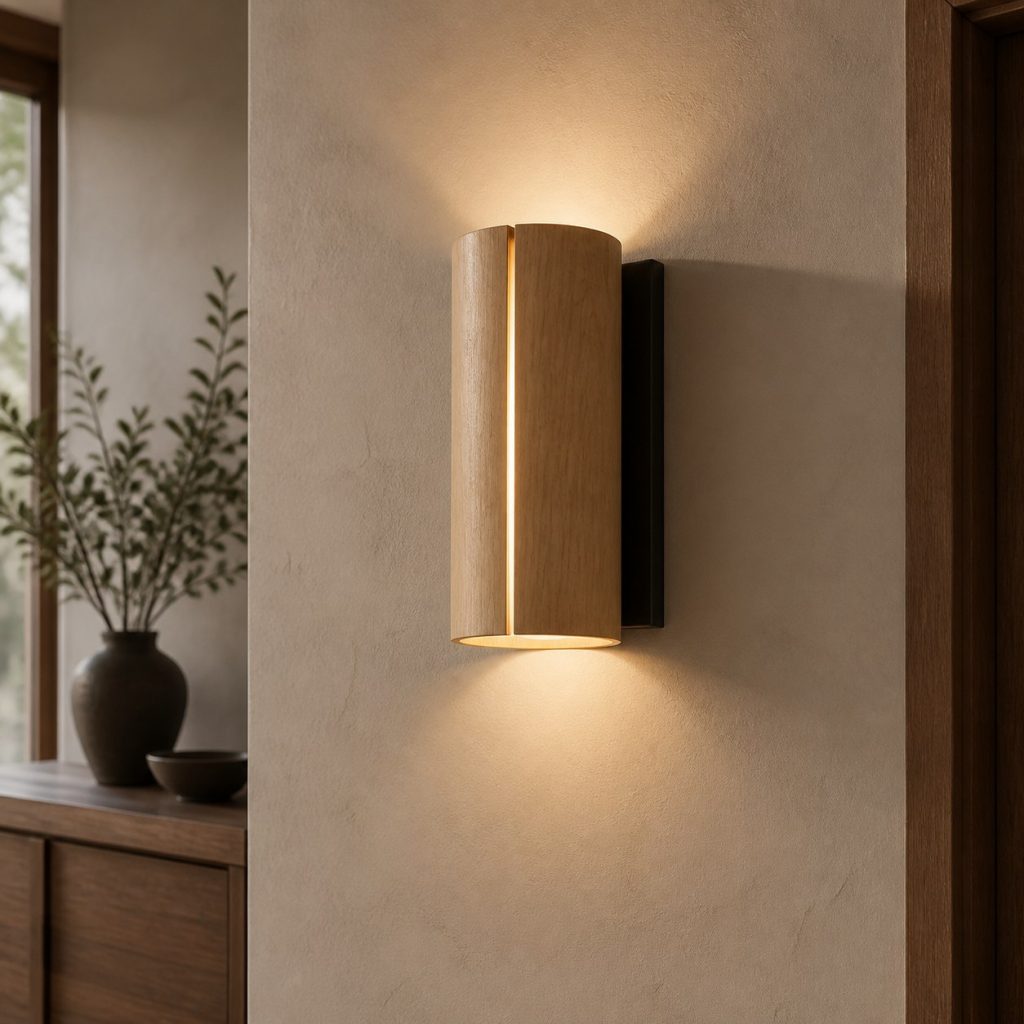 Maple Light-Seam Sconce shown as a square photorealistic original wooden wall sconce with warm LED light and visible real wood grain