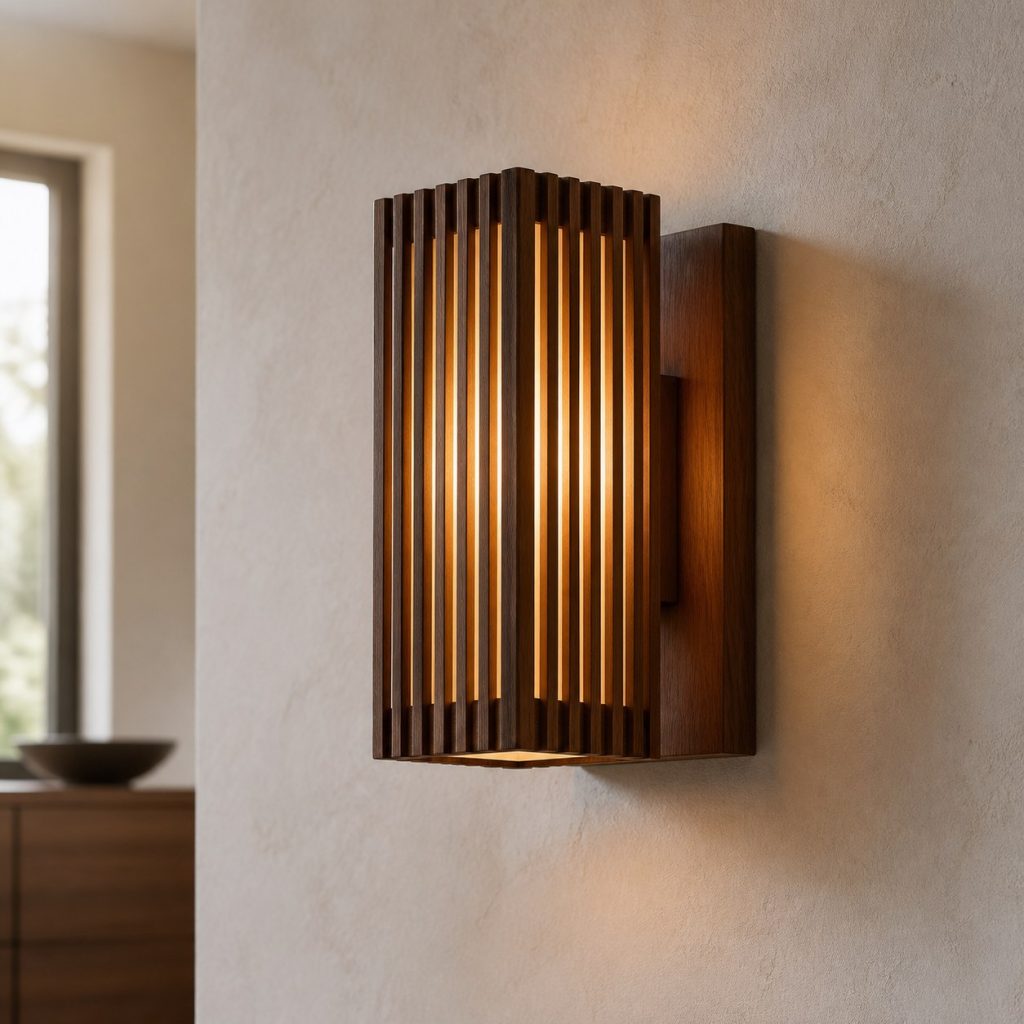 Slatted Walnut Wall Lantern shown as a square photorealistic original wooden wall sconce with warm LED light and visible real wood grain
