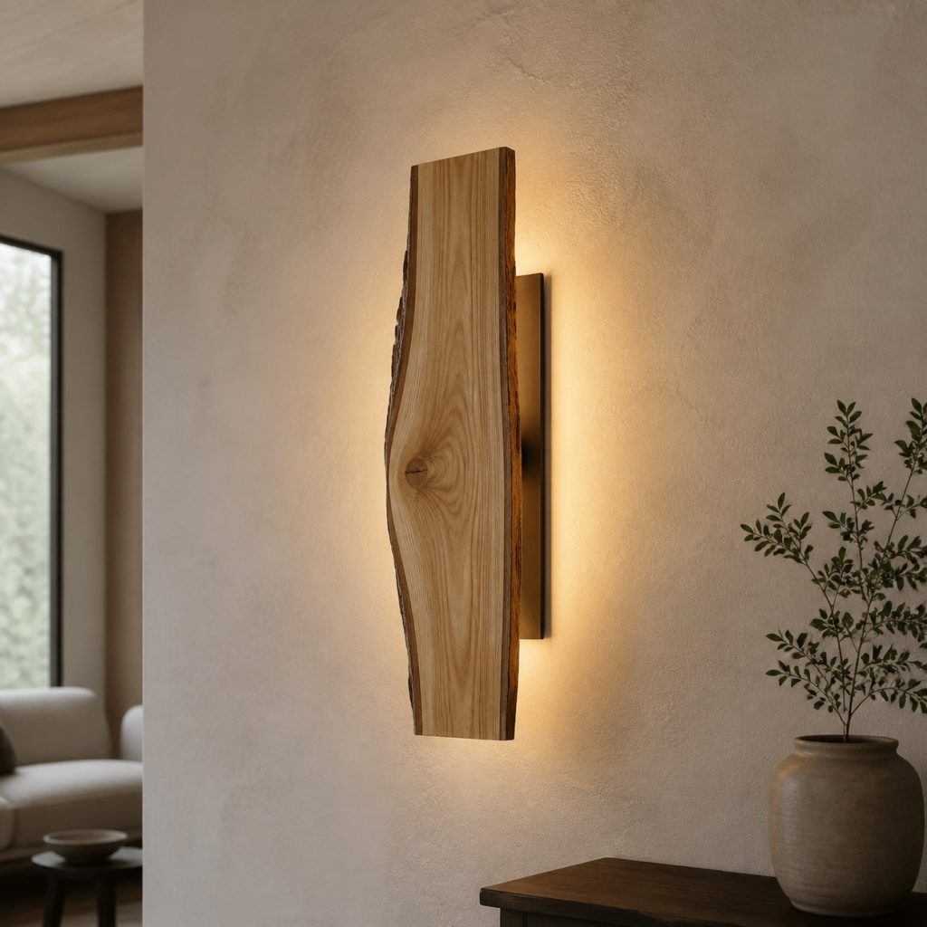 Live-Edge Ash Halo Sconce shown as a square photorealistic original wooden wall sconce with warm LED light and visible real wood grain