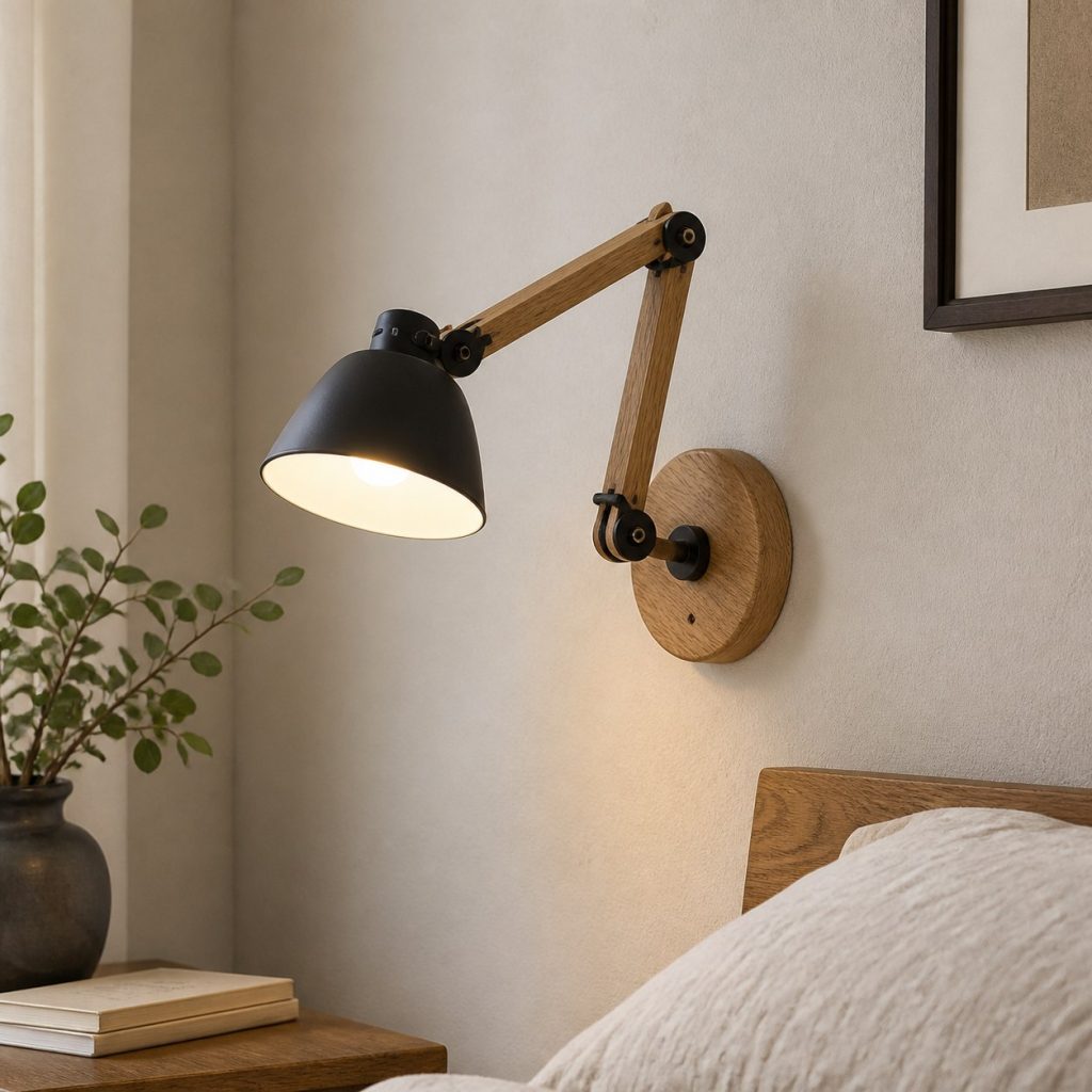Articulating Oak Bedside Sconce shown as a square photorealistic original wooden wall sconce with warm LED light and visible real wood grain