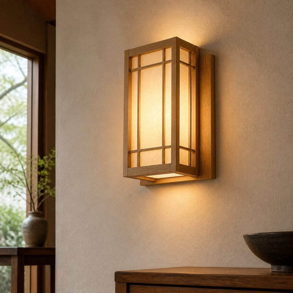 Japanese-Inspired Oak Wall Lantern shown as a square photorealistic original wooden wall sconce with warm LED light and visible real wood grain
