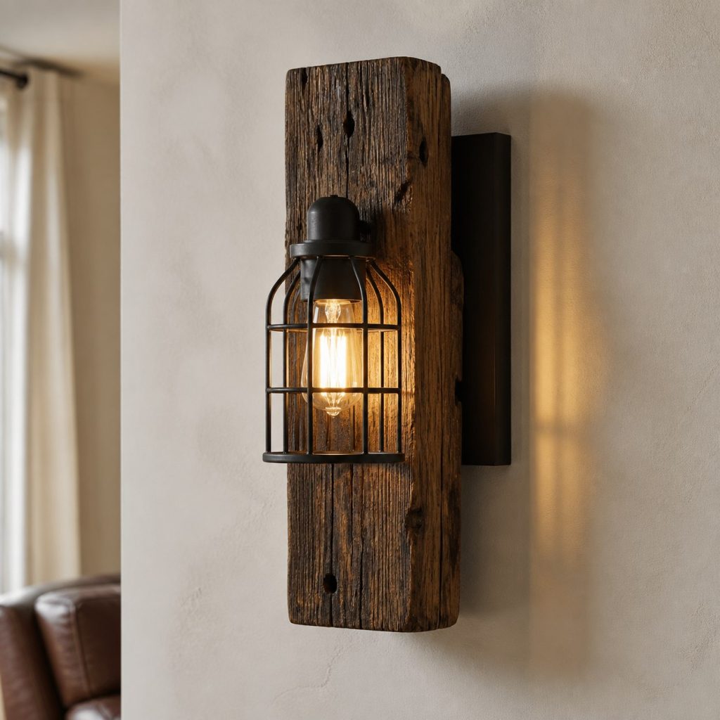 Reclaimed-Beam Cage Sconce shown as a square photorealistic original wooden wall sconce with warm LED light and visible real wood grain