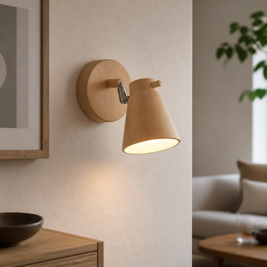 Scandinavian Beech Swivel Sconce shown as a square photorealistic original wooden wall sconce with warm LED light and visible real wood grain
