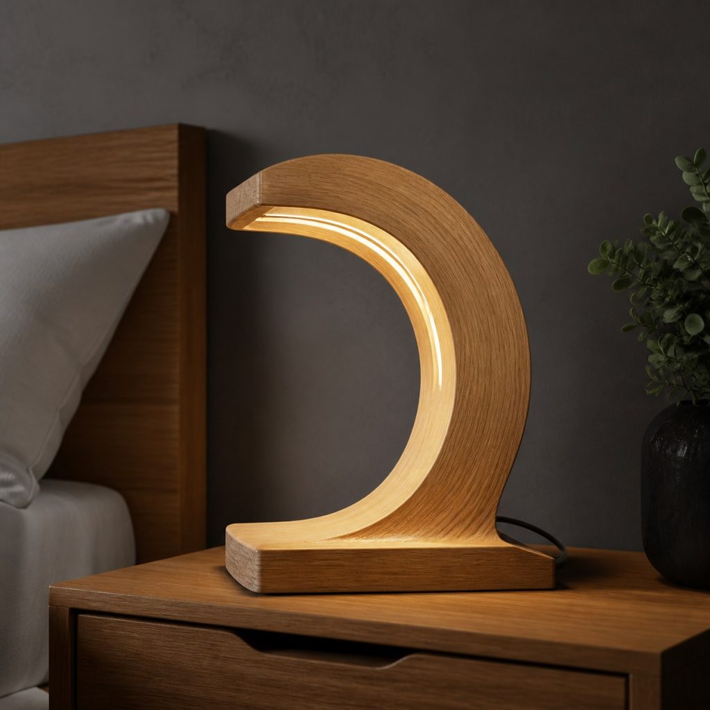 Oak Recessed-Line Wave Lamp shown as an original square photorealistic wooden wave lamp with authentic wood grain, warm diffused light, and a short dark power cord