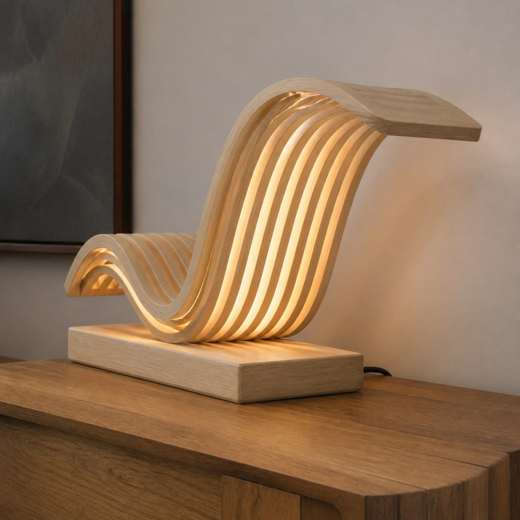 Bent Ash Wave Lamp shown as an original square photorealistic wooden wave lamp with authentic wood grain, warm diffused light, and a short dark power cord
