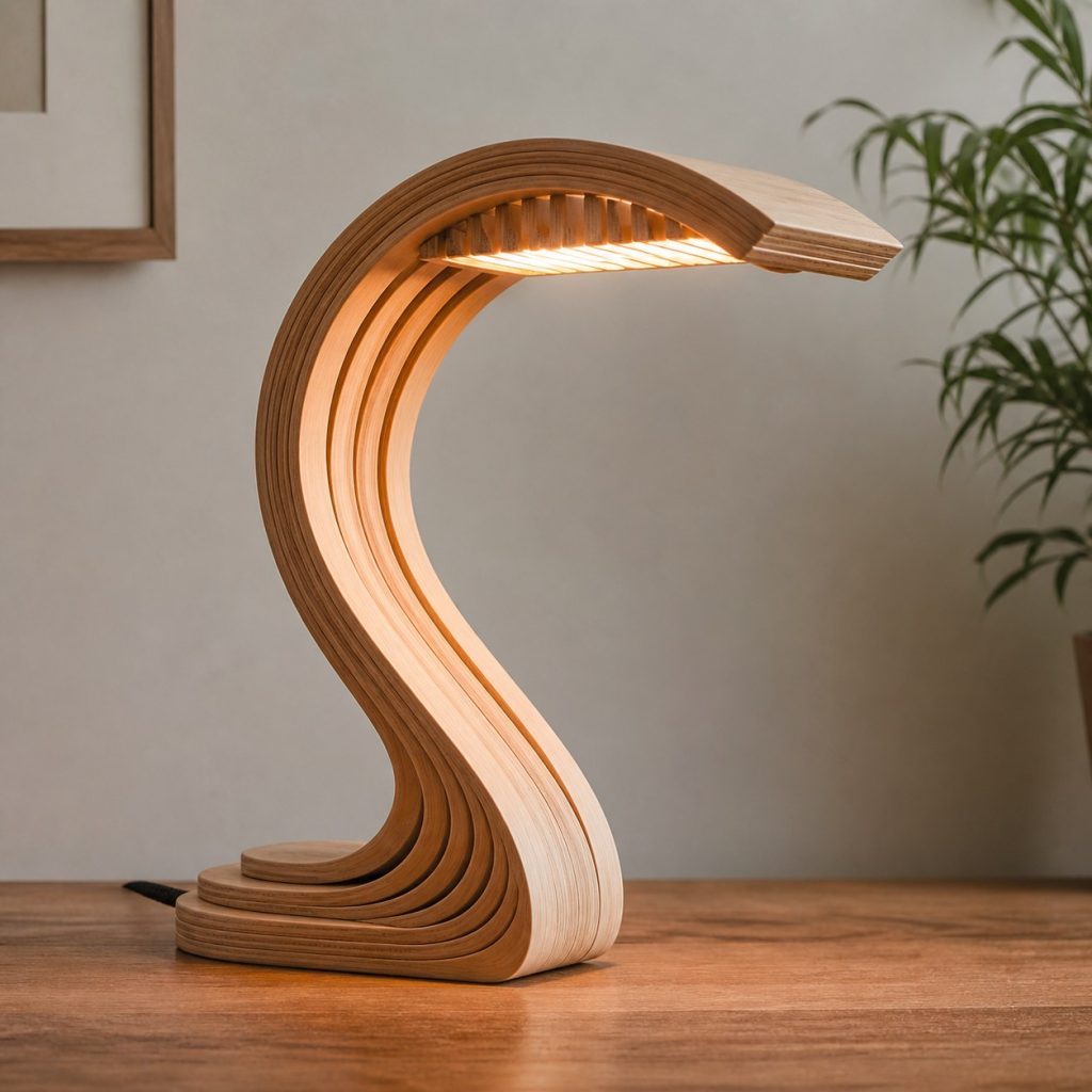 Layered Plywood Wave Lamp shown as an original square photorealistic wooden wave lamp with authentic wood grain, warm diffused light, and a short dark power cord