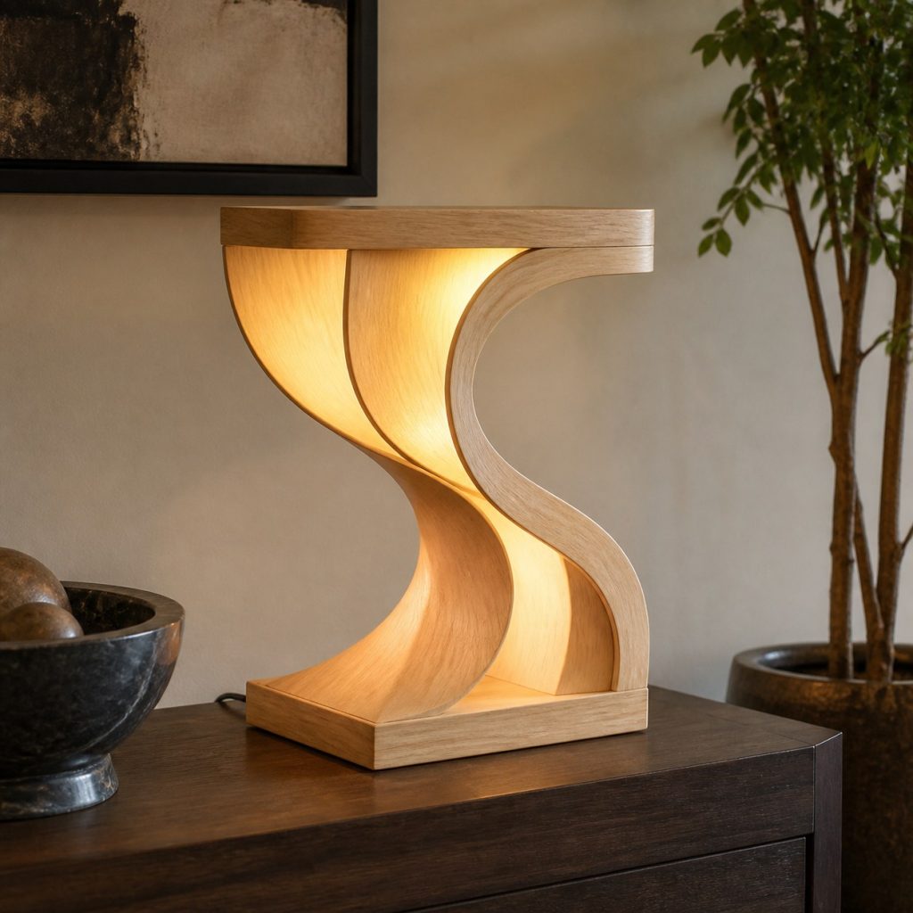 Double-Wave Maple Lamp shown as an original square photorealistic wooden wave lamp with authentic wood grain, warm diffused light, and a short dark power cord