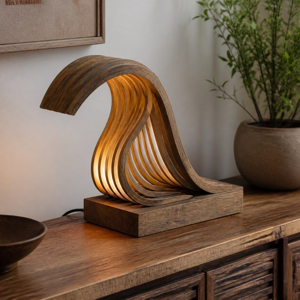 Reclaimed Elm Wave Lamp shown as an original square photorealistic wooden wave lamp with authentic wood grain, warm diffused light, and a short dark power cord
