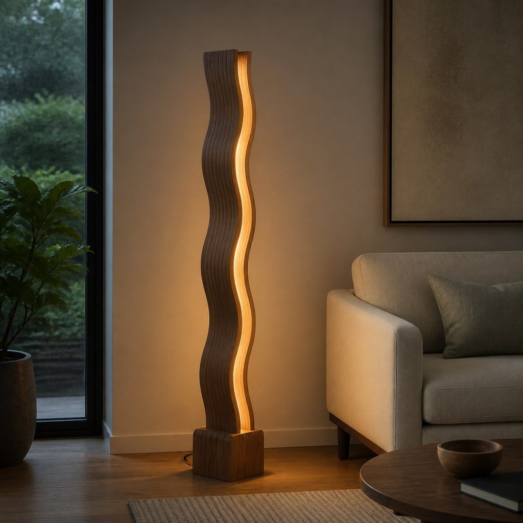 Slatted Cedar Wave Lantern shown as an original square photorealistic wooden wave lamp with authentic wood grain, warm diffused light, and a short dark power cord
