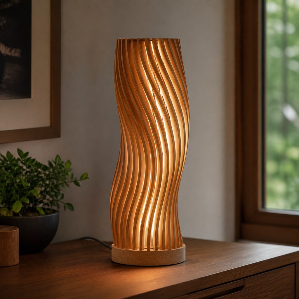 Tall Walnut Wave Floor Lamp shown as an original square photorealistic wooden wave lamp with authentic wood grain, warm diffused light, and a short dark power cord