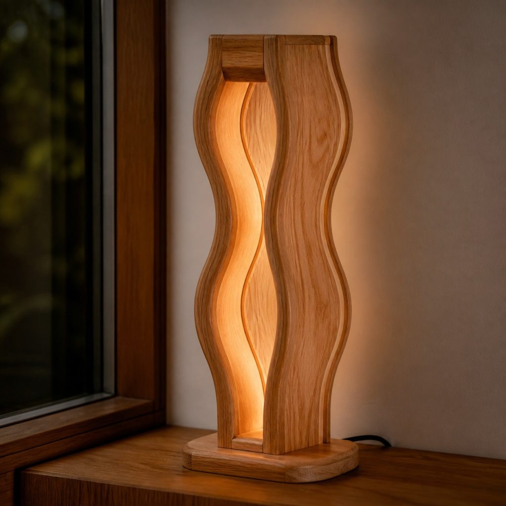 Bookmatched Oak Wave Lamp shown as an original square photorealistic wooden wave lamp with authentic wood grain, warm diffused light, and a short dark power cord