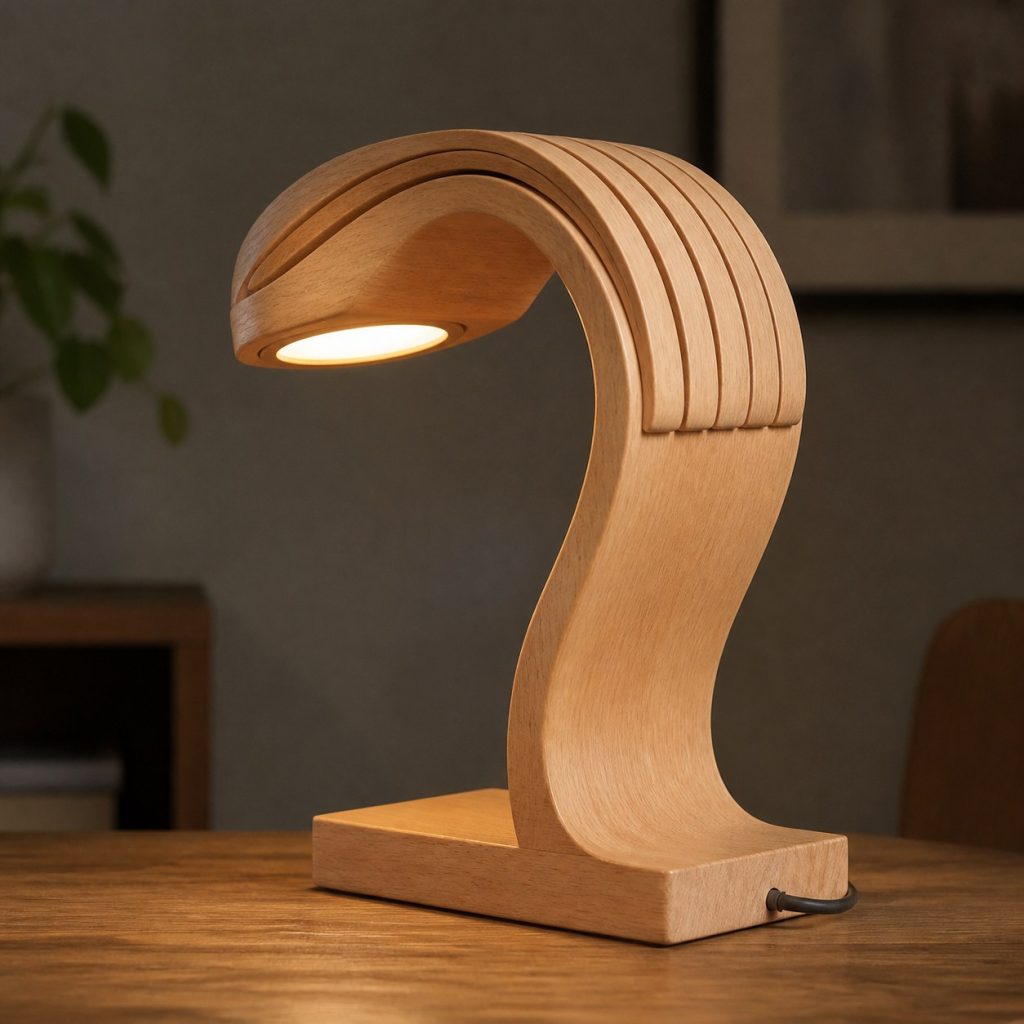 Compact Beech Wave Lamp shown as an original square photorealistic wooden wave lamp with authentic wood grain, warm diffused light, and a short dark power cord