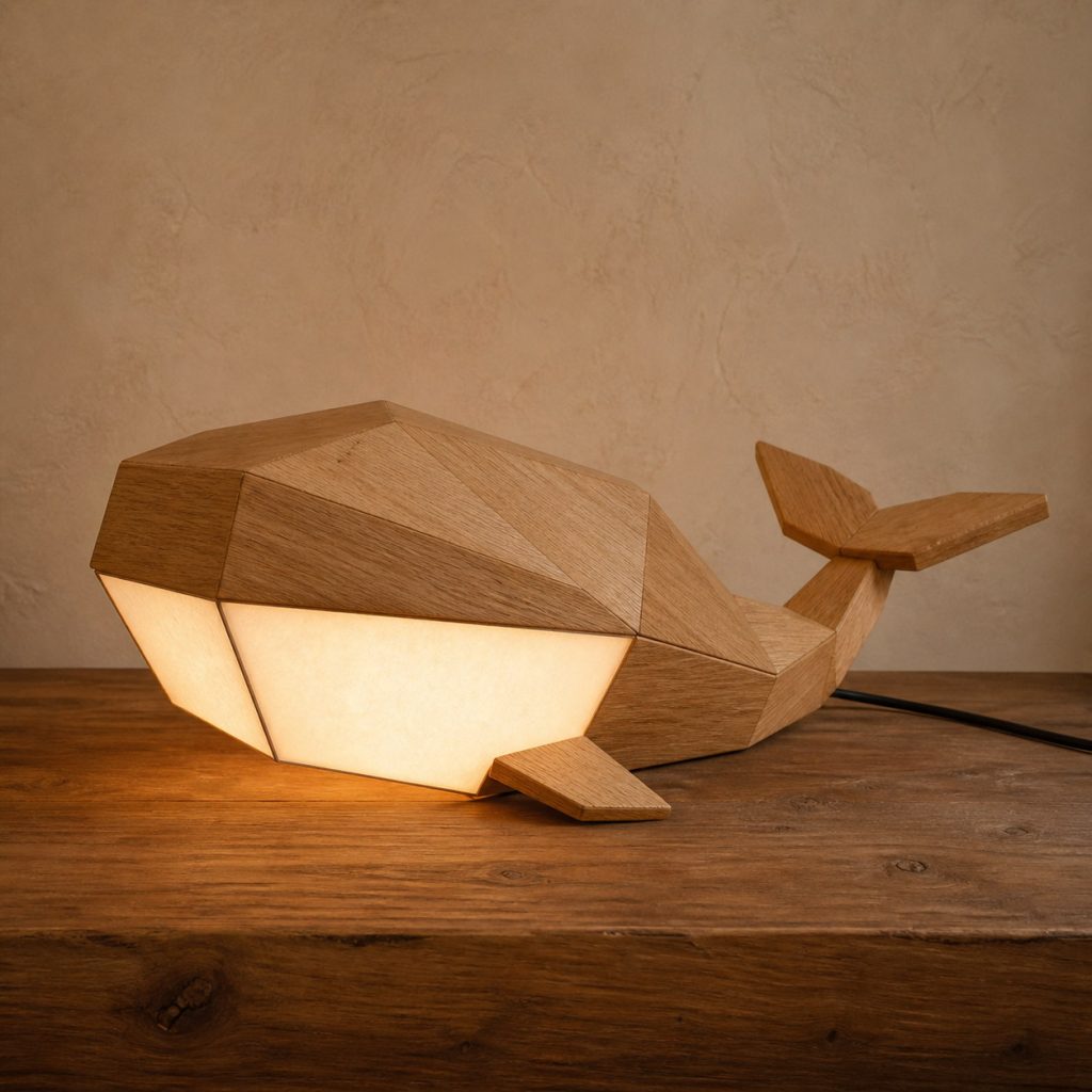 Faceted Whale Glow Lamp shown as an original square photorealistic wooden whale lamp with authentic wood grain, recognizable animal form, and warm diffused light