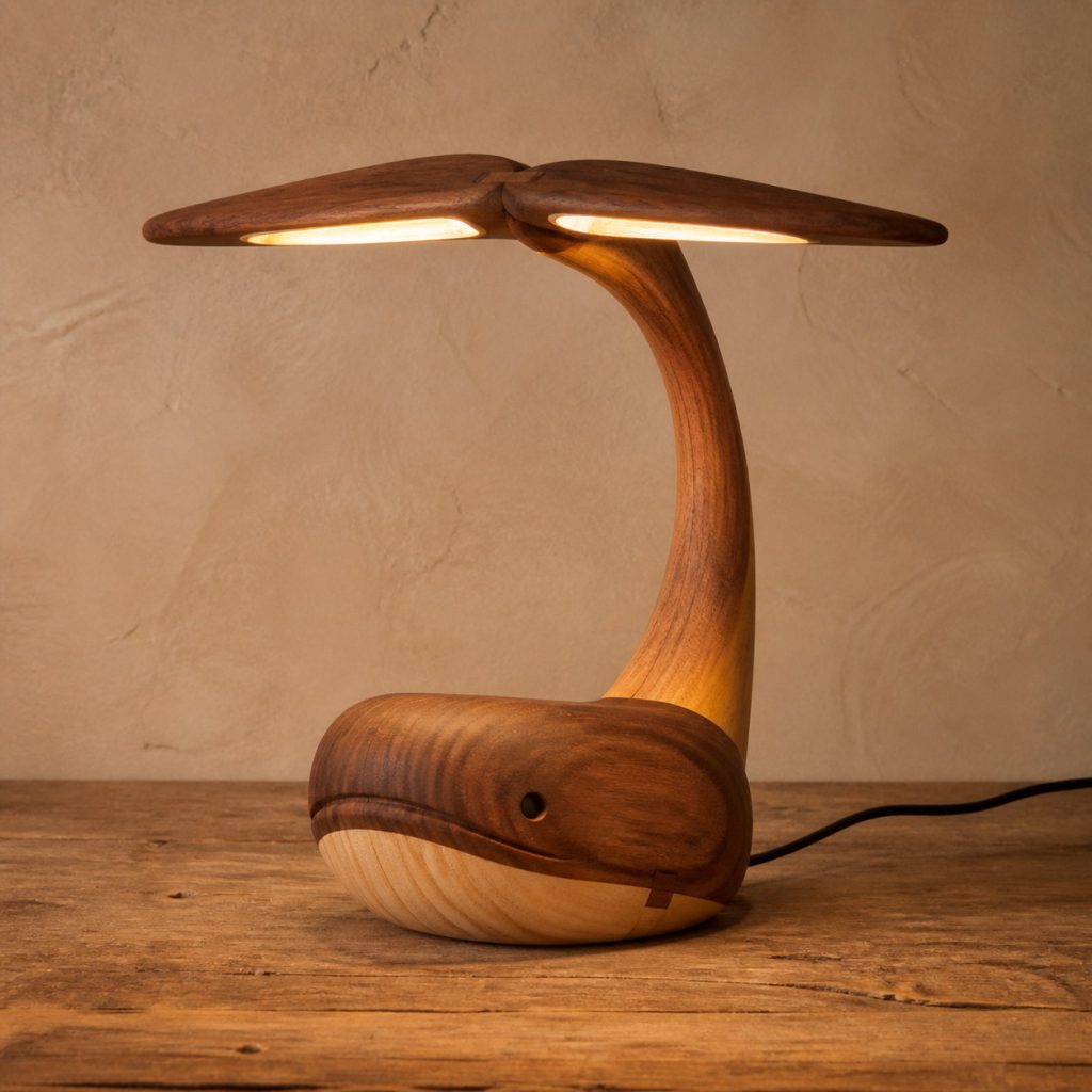 Whale-Tail Desk Lamp shown as an original square photorealistic wooden whale lamp with authentic wood grain, recognizable animal form, and warm diffused light