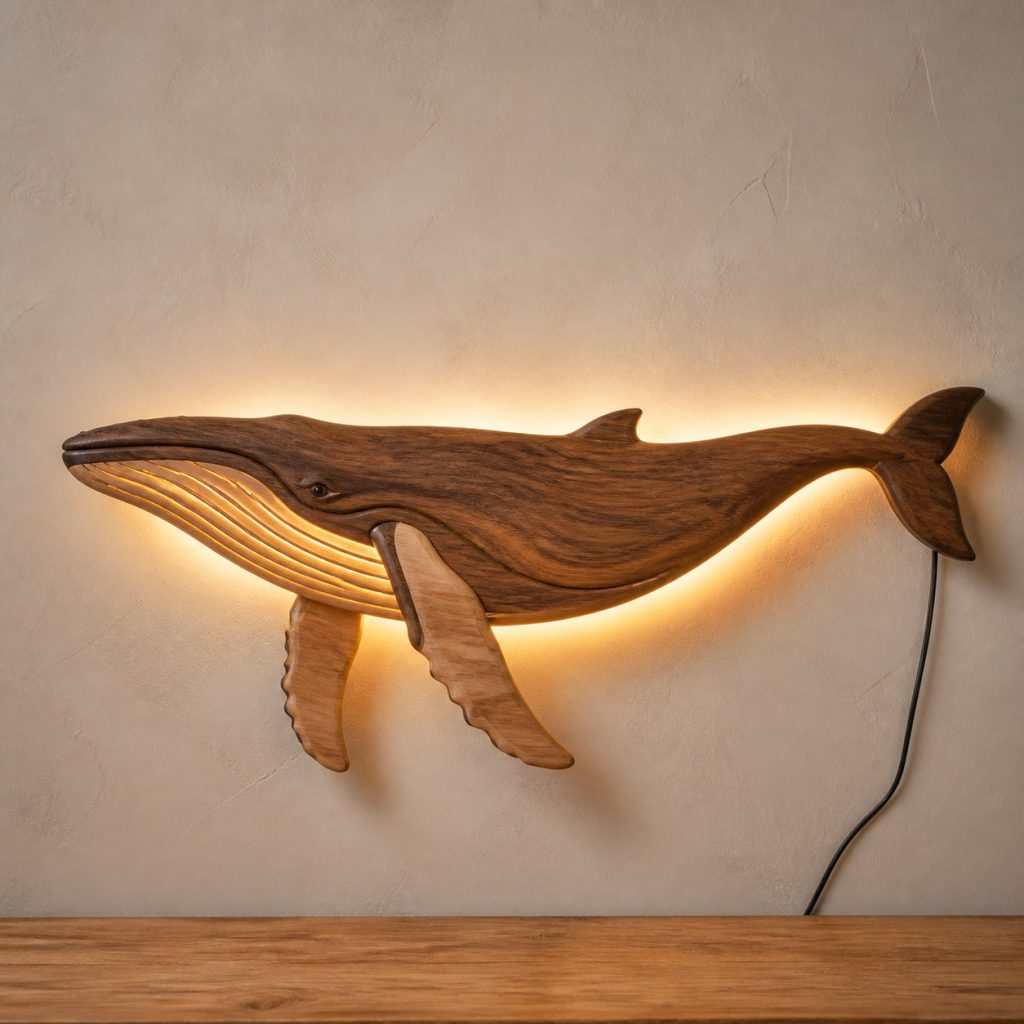 Humpback Whale Wall Sconce shown as an original square photorealistic wooden whale lamp with authentic wood grain, recognizable animal form, and warm diffused light