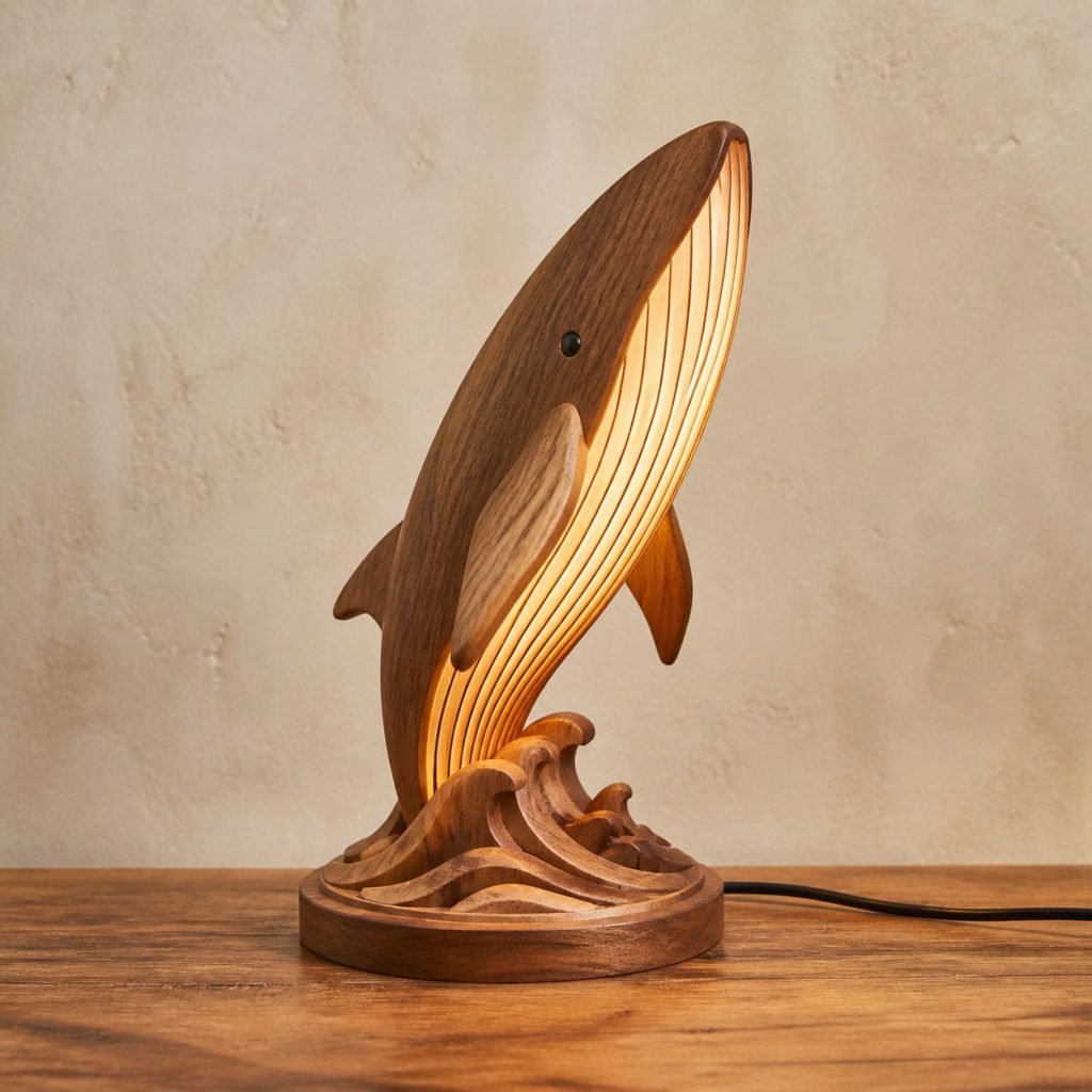 Breaching Whale Table Lamp shown as an original square photorealistic wooden whale lamp with authentic wood grain, recognizable animal form, and warm diffused light