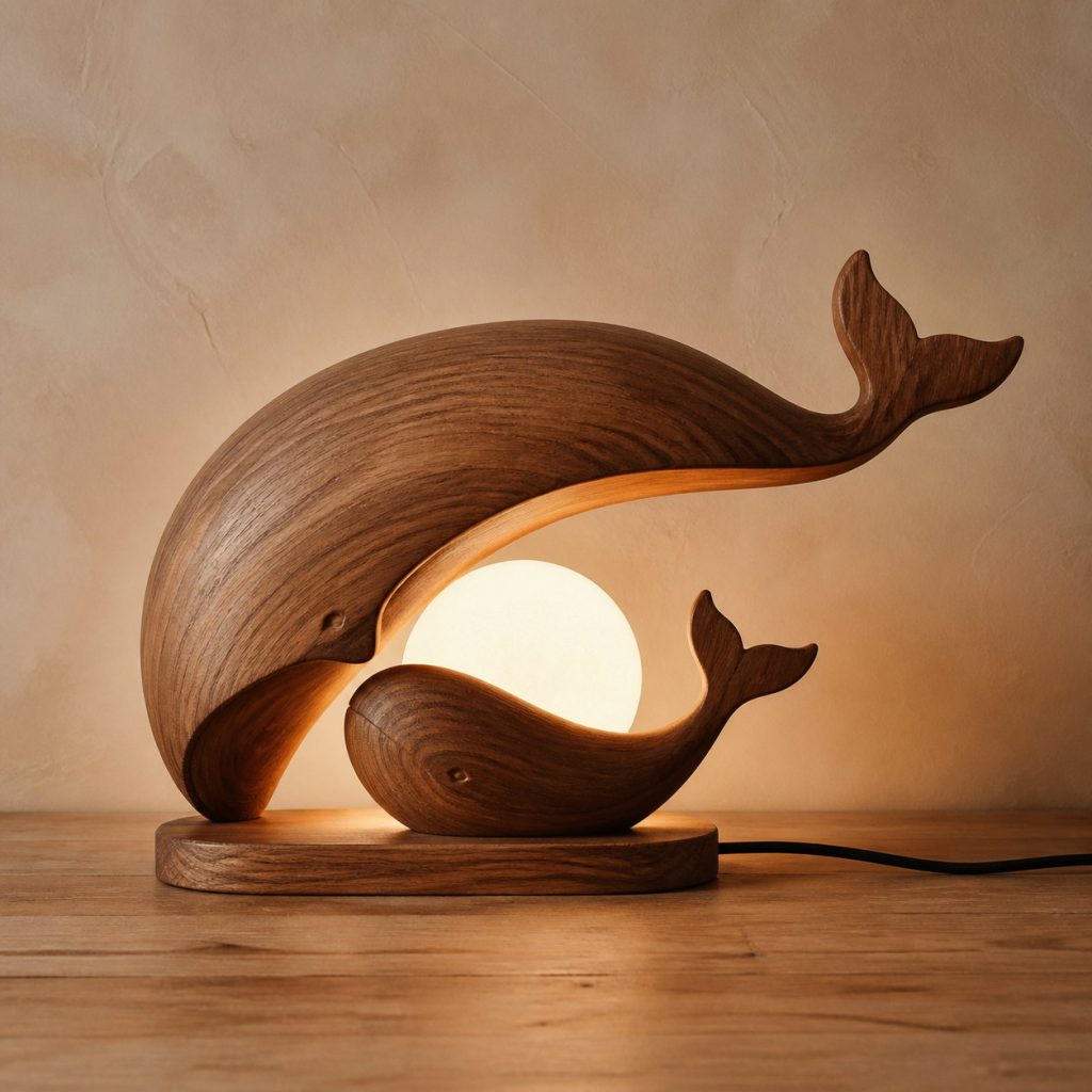 Mother-and-Calf Whale Lamp shown as an original square photorealistic wooden whale lamp with authentic wood grain, recognizable animal form, and warm diffused light