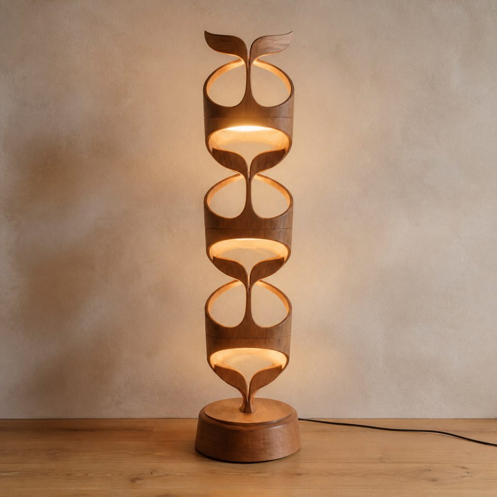 Stacked Whale-Tail Floor Lamp shown as an original square photorealistic wooden whale lamp with authentic wood grain, recognizable animal form, and warm diffused light